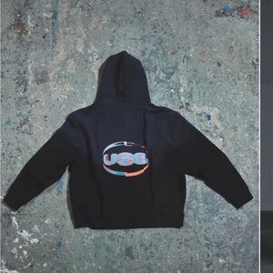 Chris Stussy Black Graphic Hoodie with Blue & Orange Logo